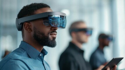 A focused man wearing advanced VR glasses, immersed in a digital experience, symbolizes technology and innovation in the modern workplace.