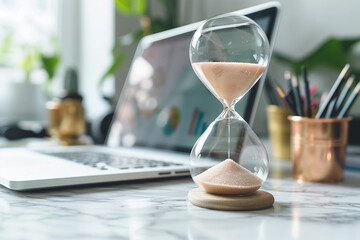 Hourglass on a desk with laptop, time management in workspace