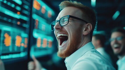 Fototapeta premium A joyful man with glasses celebrates a successful moment in a modern office, surrounded by bright digital screens and excited colleagues.