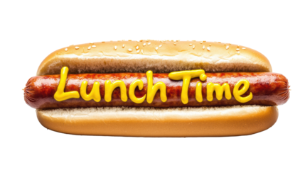 Colorful hot dog with yellow ketchup saying lunch time on bun