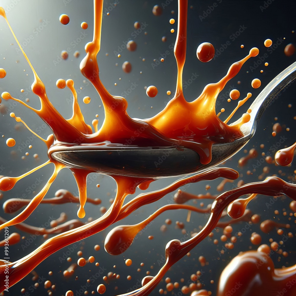Poster a high-speed capture of caramel splashing off a spoon, creating a dramatic scene of droplets frozen 