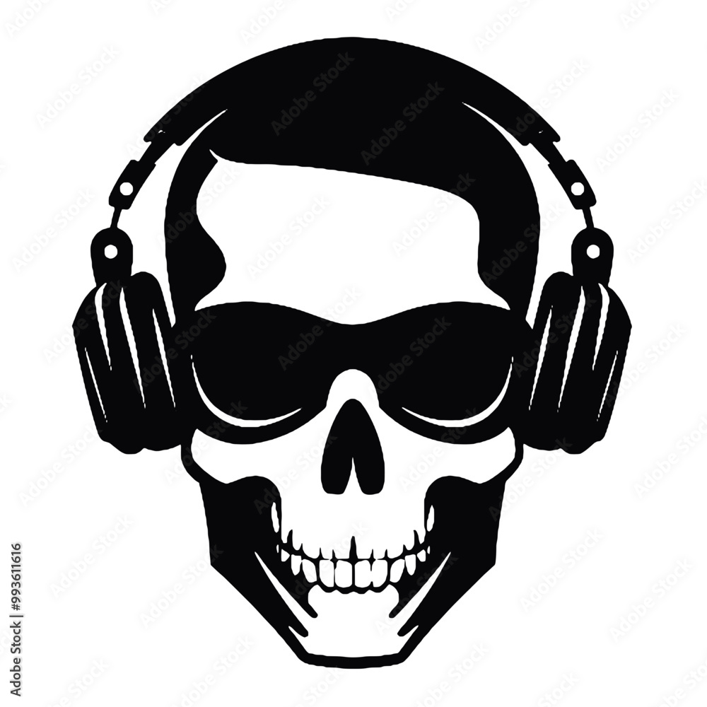 Wall mural retro skull wearing headphones and glasses silhouette vector illustration transparent background