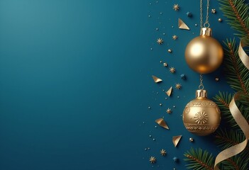 Chic Christmas composition with gold bauble, blue background, and elegant design - Festive holiday card concept