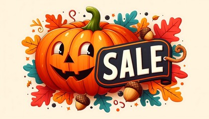 colorful sell banner with a big cheerful pumpkin on a background of orange leaves,generative ai