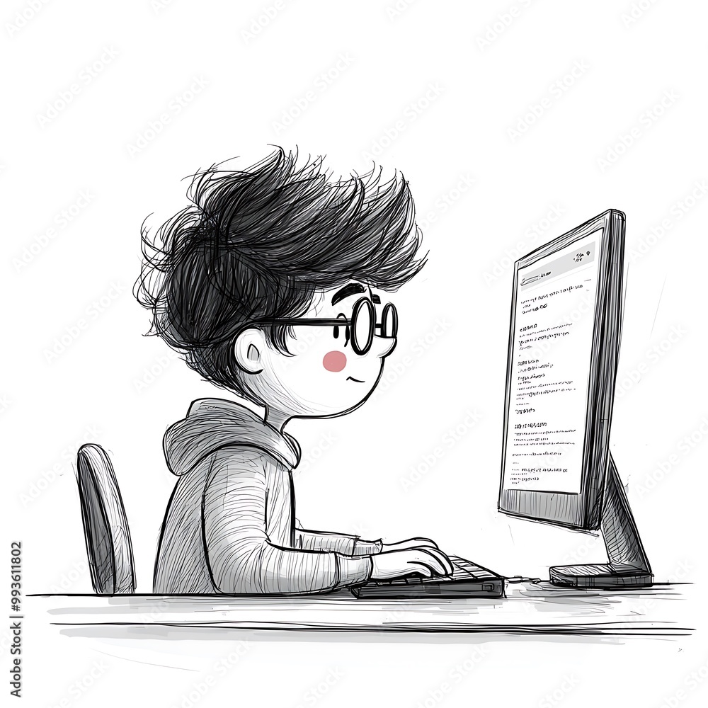 Poster a simple sketch captures the focused concentration of a young man using his computer.