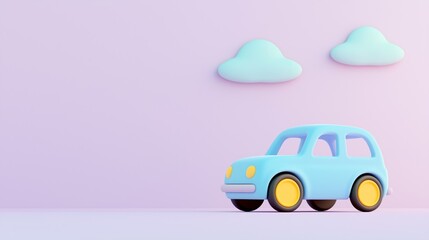A playful cartoon car drives along a pastel background with fluffy clouds in a whimsical setting.
