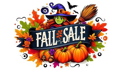 fall sale color banner with pumpkins, witch and yellow leaves,generative ai