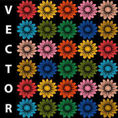 Floral vector pattern of multicolored flowers on black background.