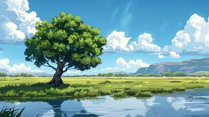 Tranquil Summer Landscape with a Single Tree