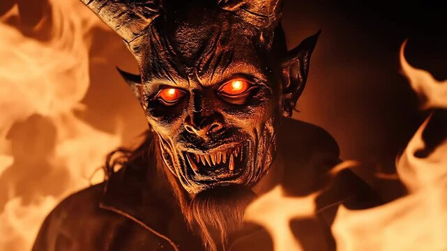 A demonic looking man with horns and glowing red eyes stands in front of a fire. The fire is orange and yellow, and it seems to be consuming the man. Scene is dark and ominous