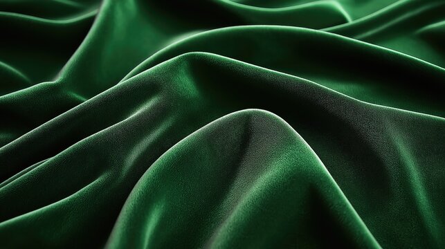 Green velor fabric background. Green velvet fabric with folds background. Emerald green velour fabric.