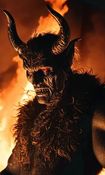 A man with horns and a red face stands in front of a fire. The fire is orange and very large