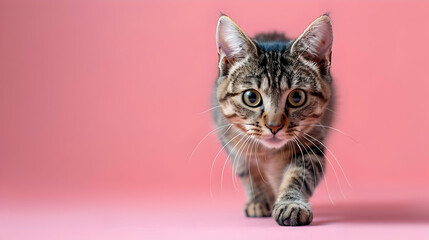 Obraz premium Curious Cat Walking Towards Copy Space on Pink Background