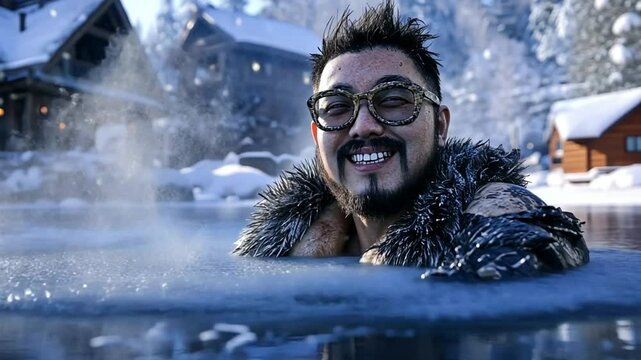 A man with a beard and glasses smiling while half submerged in a body of water with a snowy cabin in the background.