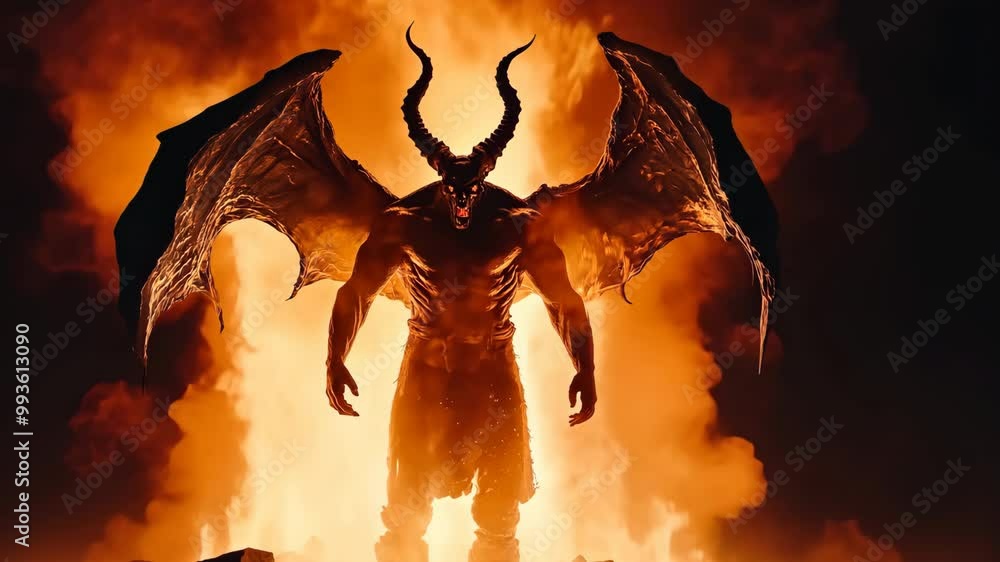 Poster a demonic figure with horns and a long tail stands in front of a fire. the image has a dark and omin