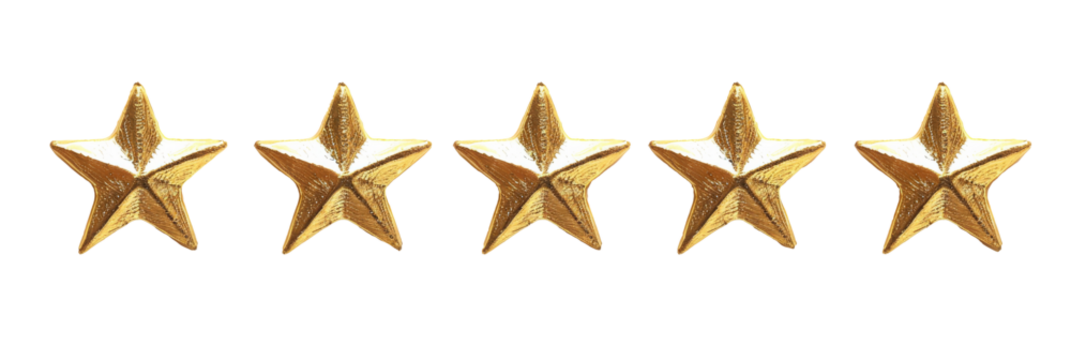 Five golden stars arranged in a row, representing a perfect product rating, set against a transparent background for easy integration