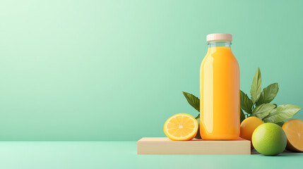 Fresh orange juice in a glass bottle accompanied by ripe lemons and limes on a wooden board, set against a pastel green background.