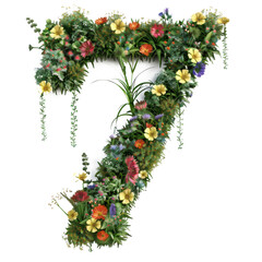 A 3D rendered flower number 7, featuring vibrant garden florals and plants, isolated on a transparent background, ideal for decorative applications