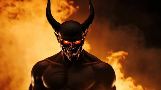 A demonic looking man stands in front of a fire. The fire is orange and yellow, and the smoke is thick. The man's face is twisted in a menacing expression, and his horns are pointed towards the camera