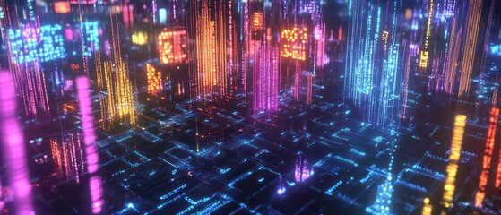 A vibrant digital cityscape with neon lights and data streams.