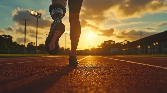 Smart prosthetic leg in use by an athlete sprinting on a track during sunset
