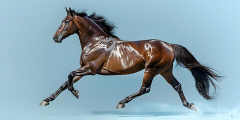 Fototapeta premium Horse Running with Copy Space, Brown Stallion Galloping on Blue Sky Background with Text Area