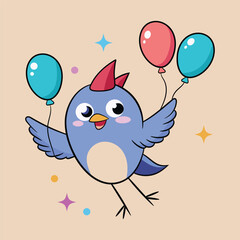 Happy bird flying with three balloons Animal cartoon illustration
