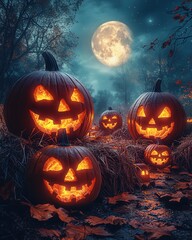 Fototapeta premium Spooky Halloween Night with Glowing Pumpkins
