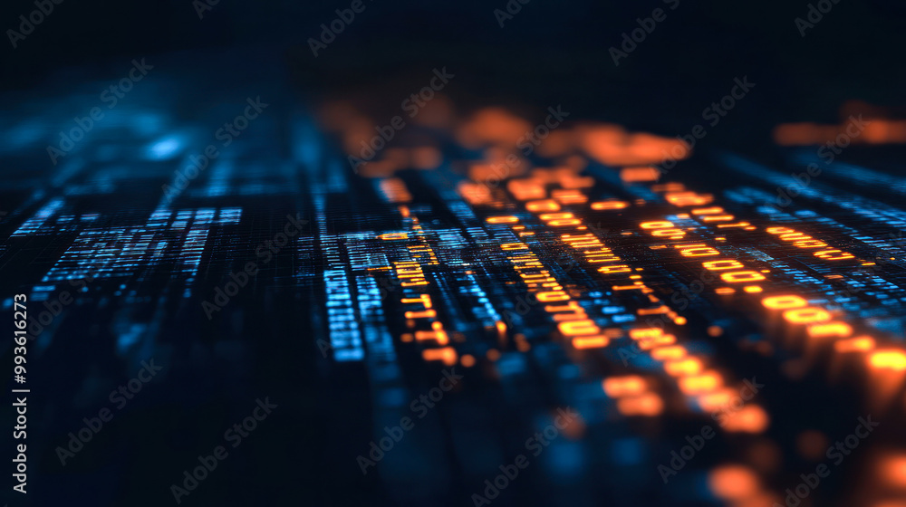 Poster abstract digital computer technology business background. Data Analysis and Access to Digital Data, Digital Cyberspace with Particles and Digital Data Network Connections. Selective focus