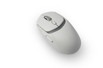 Modern white wireless computer mouse on white background.