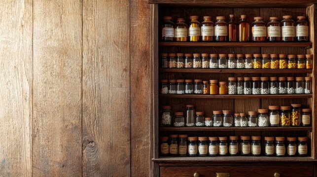 Overhead view of a traditional homeopathy cabinet filled with small glass bottles and homeopathic remedies, set against a wooden background with space for text