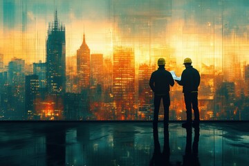 Two Construction Workers Looking at a Cityscape During Sunset