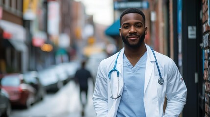 Fototapeta premium Medical professional walking through a bustling city street providing health services in a pop-up outdoor clinic