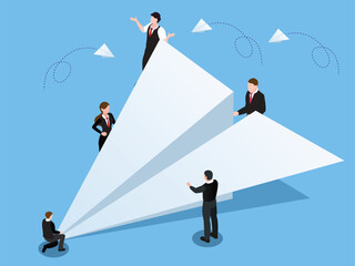 Teamwork and Leadership Concept with Business People on Paper Airplane 3d isometric vector illustration