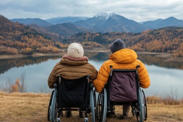 Couple in Wheelchairs Enjoying a Moment of Tranquility by a Serene Lake, Mountains in the Background, Wheelchair Accessibility, Outdoor Recreation, Adaptive Activities, Accessible Travel, Love