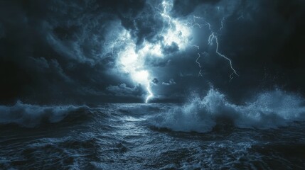Obraz premium A violent lightning storm over a dark ocean, bolts of lightning illuminating the crashing waves, storm clouds swirling ominously in the night sky