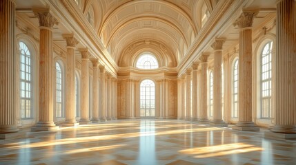 Spacious marble hall with towering columns, arched ceilings, and streaming sunlight
