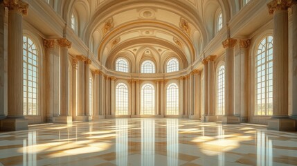 Obraz premium Spacious marble hall with towering columns, arched ceilings, and streaming sunlight