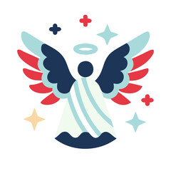 A blue and red angel with wings and a white robe. The angel is surrounded by stars and crosses