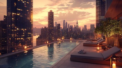 A rooftop infinity pool reflects the golden hues of a sunset against the city skyline.