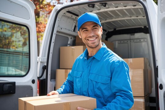 Delivery Driver Happiness: Smiling delivery man in blue uniform holding package near van.  Ready for delivery, positive attitude.  Focus on customer satisfaction