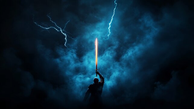 An ancient warrior raising a sword to the heavens as lightning strikes, fantasy style, dark atmosphere, powerful energy crackling, high contrast illustration