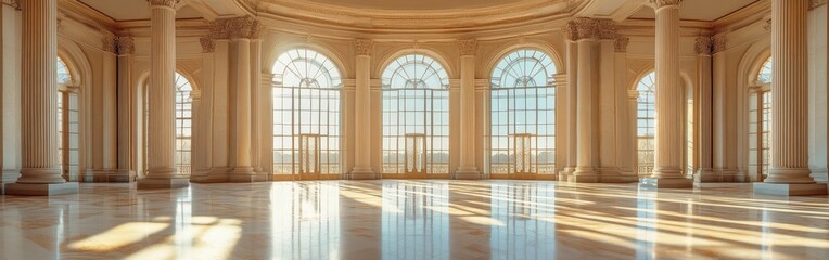 Fototapeta premium Spacious marble hall with towering columns, arched ceilings, and streaming sunlight