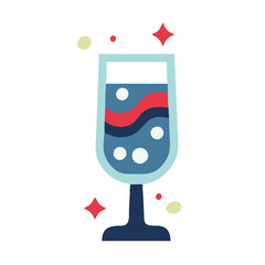 A glass of soda with a red stripe and a blue stripe. The glass is filled with bubbles