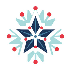 A star with snowflakes surrounding it. The snowflakes are blue and red. The star is surrounded by a circle of snowflakes