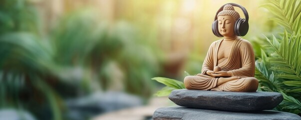 Mindful Meditation with Headphones Enhance Focus and Inner Peace with Calming Sounds, Buddha Statue in Tranquil Garden Setting