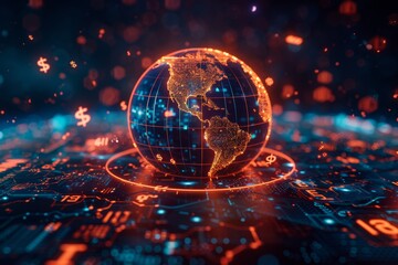 A futuristic digital globe surrounded by a mesh network and floating dollar signs in red and blue