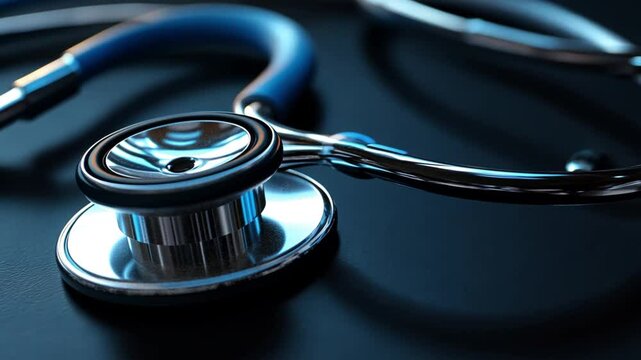 Close up of a silver stethoscope on a dark blue background.
