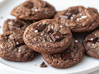 Fototapeta premium Freshly baked chocolate cookies on a white plate, sprinkled with sea salt, evoke cozy indulgence.