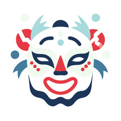 A cartoonish face with a red nose and blue eyes. The face is smiling and has a red ribbon around it